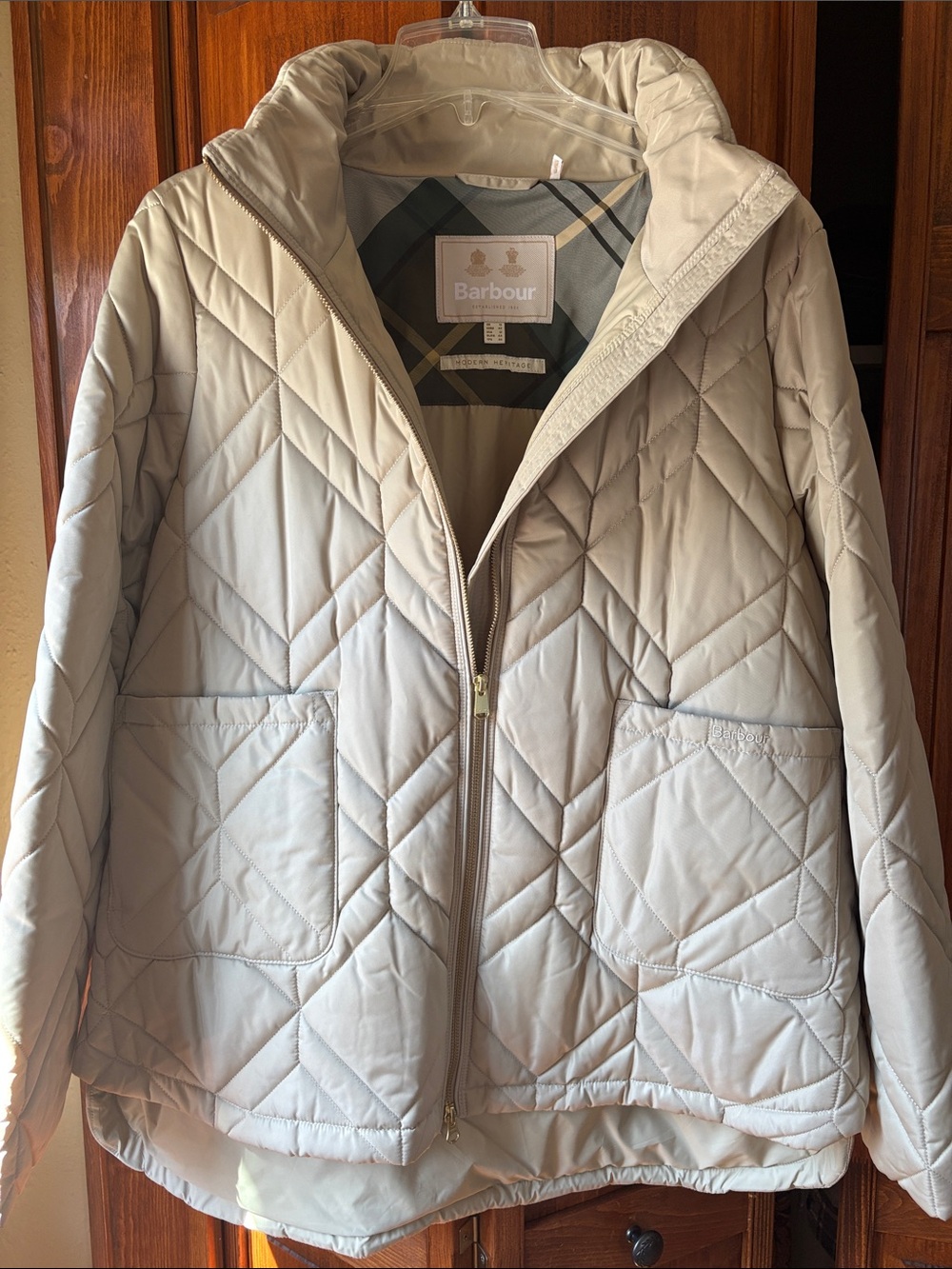 Barbour Quilted Hooded Puffer Jacket in Light Beige